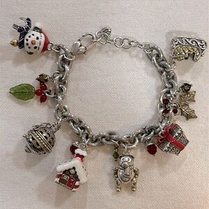 Brighton Holiday Frolic Silver Charm Bracelet Santa Snowman Gingerbread - EUC